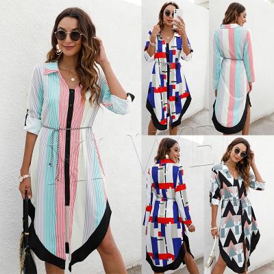 China 2021 Latest Autumn Women Anti-static Lapel Button Dress Fashion Anti-Static Striped Bandage Print Asymmetrical Long Sleeve Shirt Dress for sale