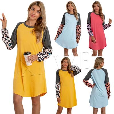 China custom made Anti-wrinkle hot sale autumn Anti-wrinkle women knit plus size T-shirt dress leopard print patchwork casual home dress for women for sale