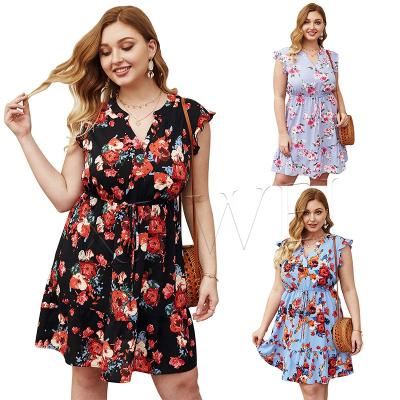 China 2021 Summer New Breathable V-Neck Sleeve Ruffle Flower Print Short Women's Breathable Oversized Bohemian Dress for sale