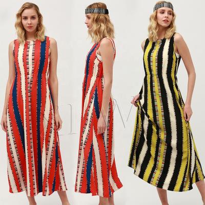 China High Quality Breathable Hot Sale Waist Stripe Neck Round Print Long Skirt Sleeveless Women's Casual Oversized Bohemian Dress Breathable for sale