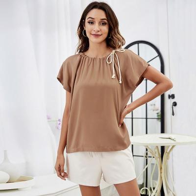 China Logo New Arrival Summer Custom Made Shorts Breathable Sheath Bandage Crewneck Loose Shirts Ruched Casual Blouse For Women Short Sleeve Blouses for sale