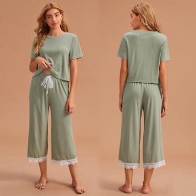 China MS Custom Label Ladies QUICK DRY Pajamas Women Comfortable Short Top And Long Pants 2pc Sleepwear Set Cotton Solid Sleepwear for sale