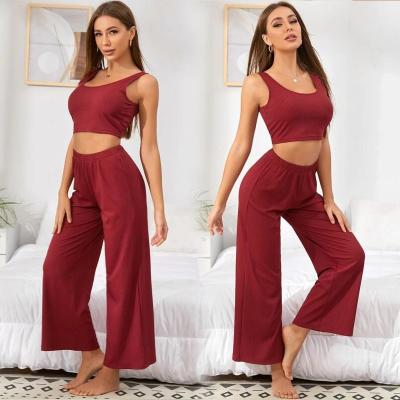 China MS Custom Women's Pajamas Set QUICK DRY Solid Sleepwear Ladies 2pc Crop Top Comfortable Vest And Pants Lounge Wear Women for sale