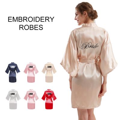 China 2022 Breathable Custom Embroidery Solid Color Silk Cardigan Maid Of Honor Half Long Robes Sheath Wedding Bridal Robes Nightgown Women Pajamas for sale