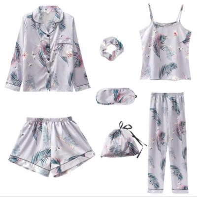 China OEM QUICK DRY 7 Pcs Sets Silk Satin Nightgown Women Pajamas Print Long Sleeve Sleepwear Silk Suits Cool Pajamas for sale