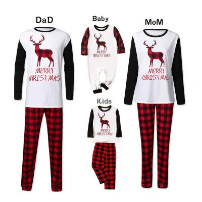 China Masheng Christmas wholesale QUICK DRY pajamas sets for family reindeer print white tops + black and red plaid pajamas pants suit men for sale