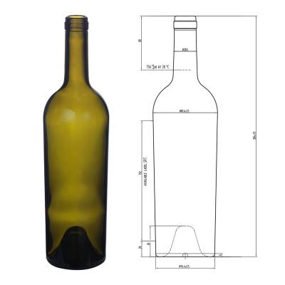 China Lift Excellent Quality 610g 750ml Antique Green Glass Bottle Bordeaux Bottle For Cabernets Wine for sale