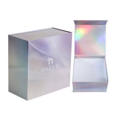 China Holographic Recycled Materials and Iridescent Glossy Foil Box, Custom Logo Printed Rainbow Laser Color Magnetic Folding Gift Box for sale