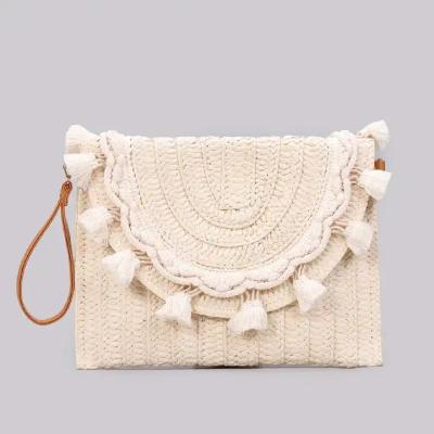 China Women Natural Handmade Paper White Handbag Summer Beach Bag Lady Bags Tassel Envelope Shoulder Straw Woven Clutch Flat Purse for sale