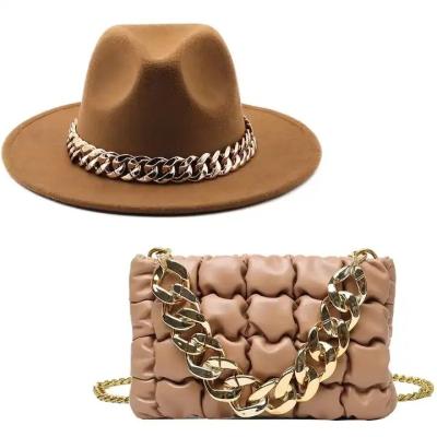 China Waterproof Cross - Body Women Ladies Handbags Pinch With Matching Fedora Hat Metal Chain Square Wide Shoulder Bag Set for sale