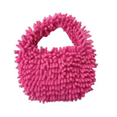 China Candy Pink Color PORTABLE Chenille Ruched Bum Satchel Handle Bag Mini Purse For Women Shoulder Bag Fluffy Clutch Handbags for sale