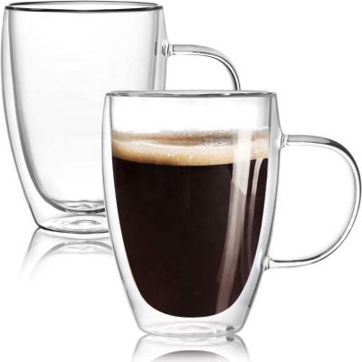 China Sustainable Stylish 350ml Double Wall Insulated Transparent Glass Coffee Mug With Handle for sale