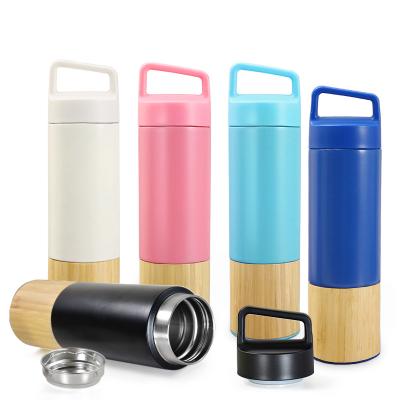 China Sustainable Custom Bamboo Thermo Insulated Shell Sport Vacuum Flask With Handle Stainless Steel Bottle for sale