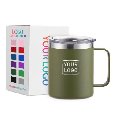 China Custom Logo Leak Proof Viable 12oz 14oz 16 oz Metal 304 Stainless Steel Travel Thermo Camping Coffee Mug With Handle for sale