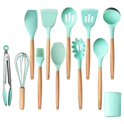 China 12 Pcs Viable Silicone Kitchenware Set With Wooden Handle Cooking Spoon Spatula Shovel Egg Beater Brush Utensils for sale