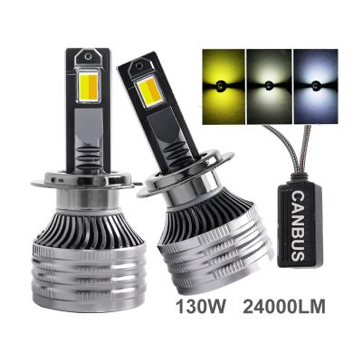 China 3 Color Led 3000K 4300K ​​6000K High Power 24000lm 130W Canbus Led H7 H1 H11 H4 Tricolor Led Headlight For Auto Cars Universal for sale