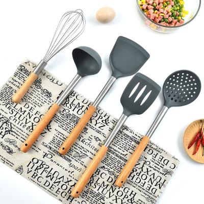 China Fashionable Silicone Cookware Set With Holder.Wood Handle Kitchen Cookware Tools Utensil Sets With Spatula Tool And Spoons Silicone for sale