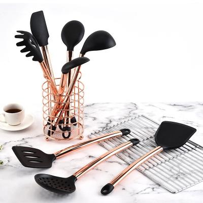 China Home Kitchen 8pcs Silicone Kitchen Utensil Set Non-stick Rose Gold Stainless Steel Handle Kitchen Tools for sale