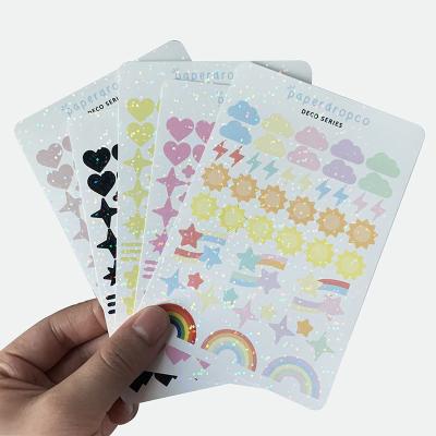 China Glitter Holographic Custom Lamination Sparkle Glitter Vinyl PP Logo Hologram Printing Planner Kawaii Sticker Sheets for sale