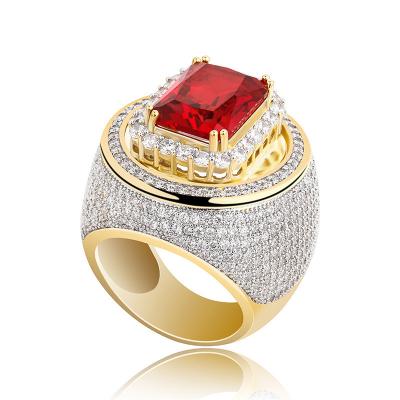 China Other Hot Sale Inlaid Ruby Full Zircon Jewelry Hip Hop Jewelry 18K Gold CZ Iced Out Mens Ring for sale