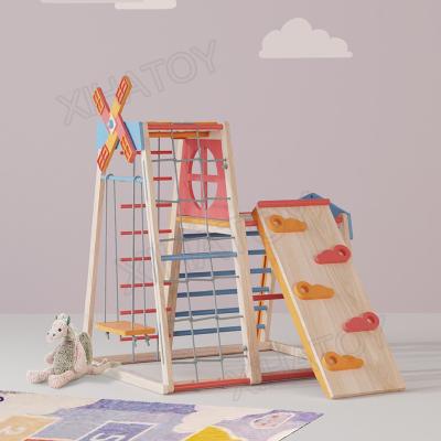 China XIHA Eco-friendly Indoor Wooden Kids Climbing Frame Kids Playground Exercise Equipment For Toddler With Slide Climbing Frames for sale