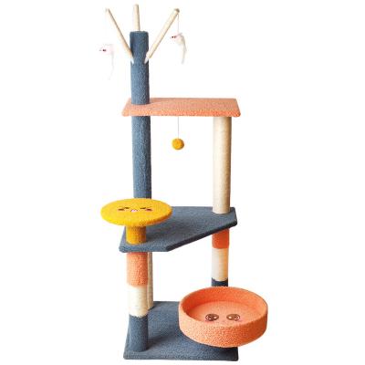 China Stocked 2022 High Quality Modern Cute Funny 3 Layers Cat Tower Tree Scratching Activity Post Large Wooden Cat Tree Wall Scratcher for sale