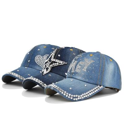 China Wholesale COMMON Bling Bling Washed Denim Hats Jeans Cap With Rhinestones Baseball Caps Hats For Women for sale