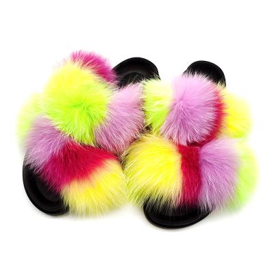 China Wholesale Fashion Trend Fur Slippers Women Colorful Faux Fur Slippers Ladies Room Two Strap Soft Fur Slippers for sale