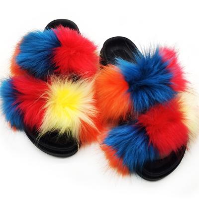 China Fashion Trend Fox Fur Slippers Custom Women Colorful Fox Fur Slippers Ladies House Two Strap Soft Fur Slippers for sale