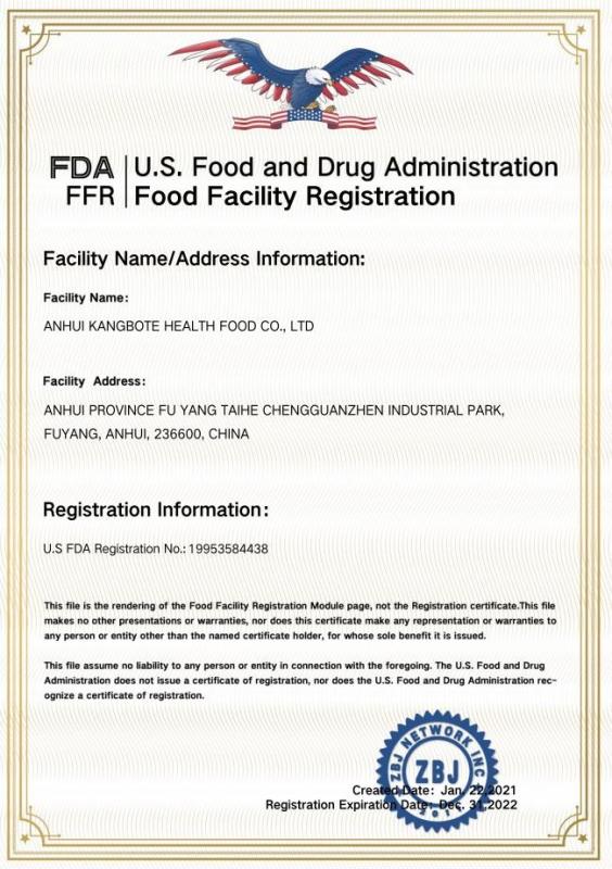 U.S.FDA Registration - Anhui kangbote Health Food Co., Ltd