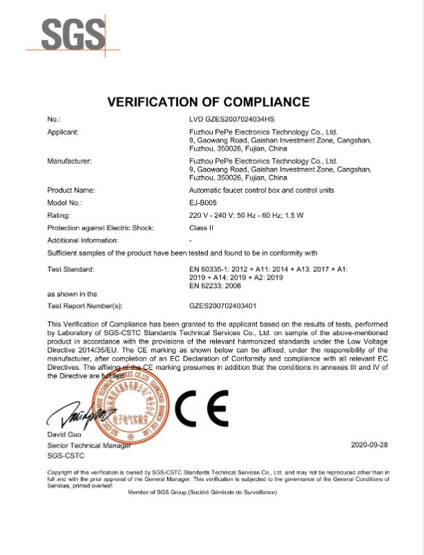 CE - Fuzhou Pepe Electronics Technology Co., Ltd.