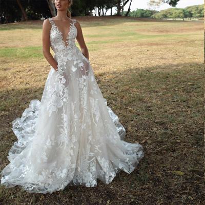 China Amazon Bride Wedding Dress Anti-static Hot Selling Sexy Deep V Evening Dress New Stain Bride Wedding Dress for sale