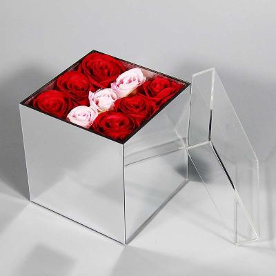 China Personalized Gift JAYI Acrylic Silver Mirror Flower Gift Box 9 Luxury Roses Packaging Box With Clear Lid for sale