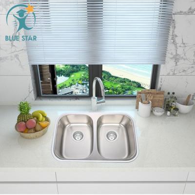 China Without Faucet Wholesale 304 Stainless Steel Square Kitchen Welded Double Bowl Step Downs Long Sale Style Surface for sale