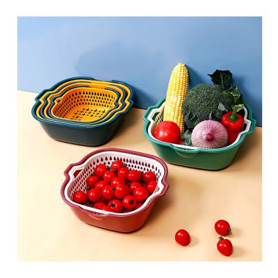 China Household Viable Square Color Contrast Double-layer Drain Basket JX- Multi-Function Color Contrast Kitchen Vegetable And Fruit Wash Drain Basket for sale