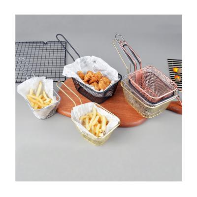 China Viable JX-Electroplating Snacks Frying Basket Mini Stainless Steel Square Wire French Fries Basket Chicken Frying Basket for sale