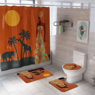 China Latest Design Sustainable African Ethnic Stylish Polyester Retro Woman Waterproof Bath Mat Set Shower Curtain for sale