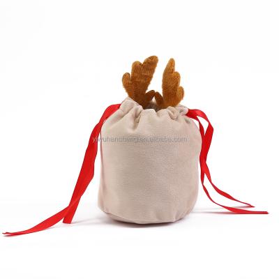 China Eco-Friendly Empty Drawstring Santa Sacks Christmas Gift Candy Bags Party Decoration Reindeer Velvet Bags for sale