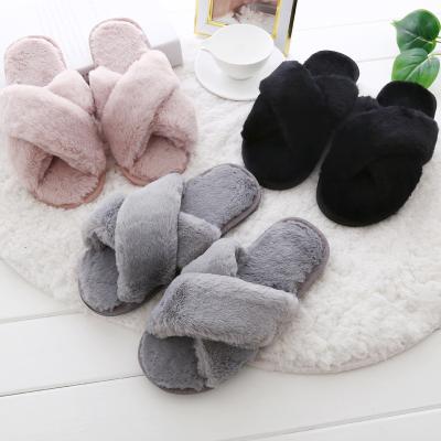 China Fashion Trend Lady Winter Slipper Women Cross Stripe Plush Fleece Bedroom Slippers Soft Home Slippers for sale