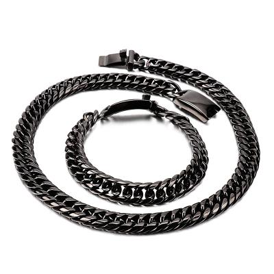 China Hot Selling Black Cuban Link Men's Chain Stainless Steel Width 12mm Jewelry Eco-Friendly Hip Hop Necklace for sale