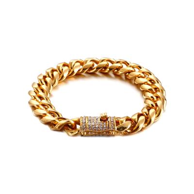 China Hot Selling Eco-Friendly Cuban Link Zircon Button Hip Hop 18K Gold Plated Wrist Hand Jewelry Chain Bracelet for sale