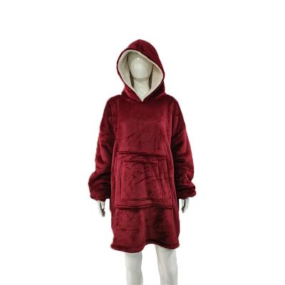 China PORTABLE classic family hoody burgundy snuggle blanket with large pocket cozy flannel with sherpa fleece for sale