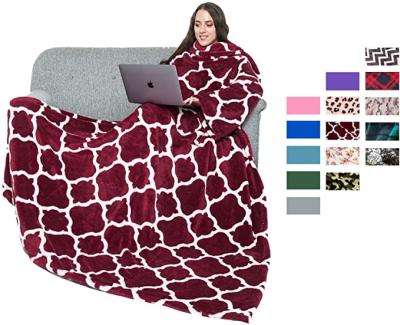 China Lightweight anti-pilling printed flannel fleece sleeved blanket wearable TV blanket with back pocket sleeves and feet for sale