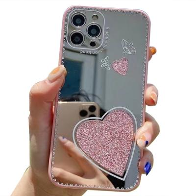 China Aesthetic Bling Anti-fall Makeup Mirror Cases For iPhone 11 Pro Phone Plastic Back Cover Case Max Red Glitter for sale