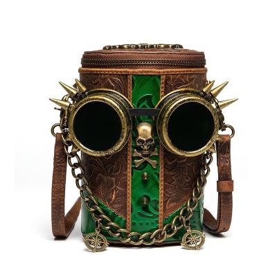 China 2023 Unique Fashion Europe Style Vintage Top Layer Cowhide Leather Bucket Bag Skull Metal Handbags for sale