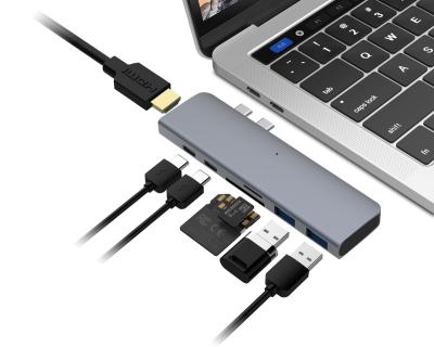 China Alumiunm Alloy DC702 Thunderbolt 3 Hub 7 in 1 Type C USB 3.0 PD HDMI4k@30Hz Dual Port SD TF Hub for Macbook, Macbook Pro, Macbook Air for sale