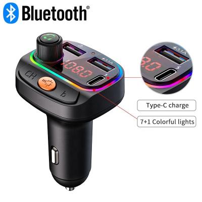 China 2021 New Multifunctional Atmosphere Light Car MP3 Player 3.1A Colorful Type-C Multifunctional Car Charger Bluetooth FM Transmitter For Car for sale