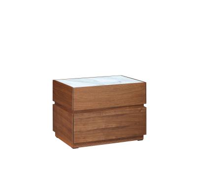 China Modern design flexible bedroom furniture for home and hotel use glass top veneered wooden MDF nightstand bedside table for sale