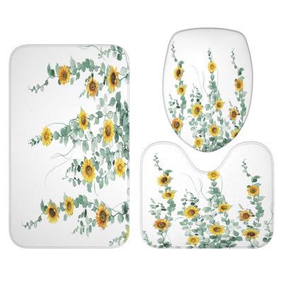 China Fresh flowers hand-painted polyester printing waterproof floor mat shower curtain set Three-piece bottom cushion for sale