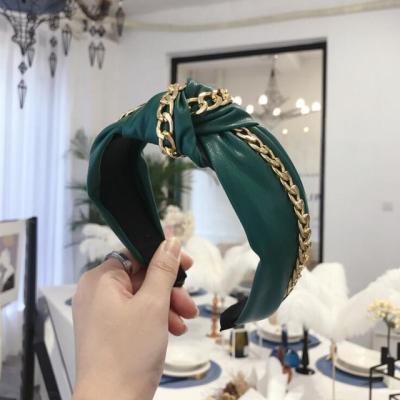 China Shiny Gold Chain Headwear Fancy Fashion Hair Accessories PU Leather Wide Side Casual Headband For Women for sale